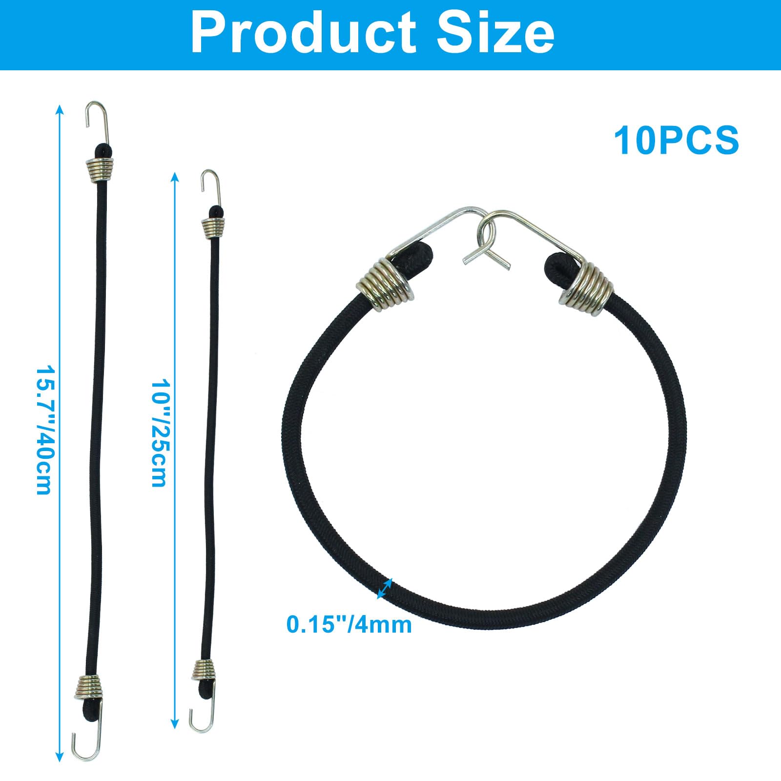 Zorfeter 10 Pack 10 Inch Small Bungee Cords - Black Rubber Elastic Cords With Metal Hooks For Camping, Cargo, Tools