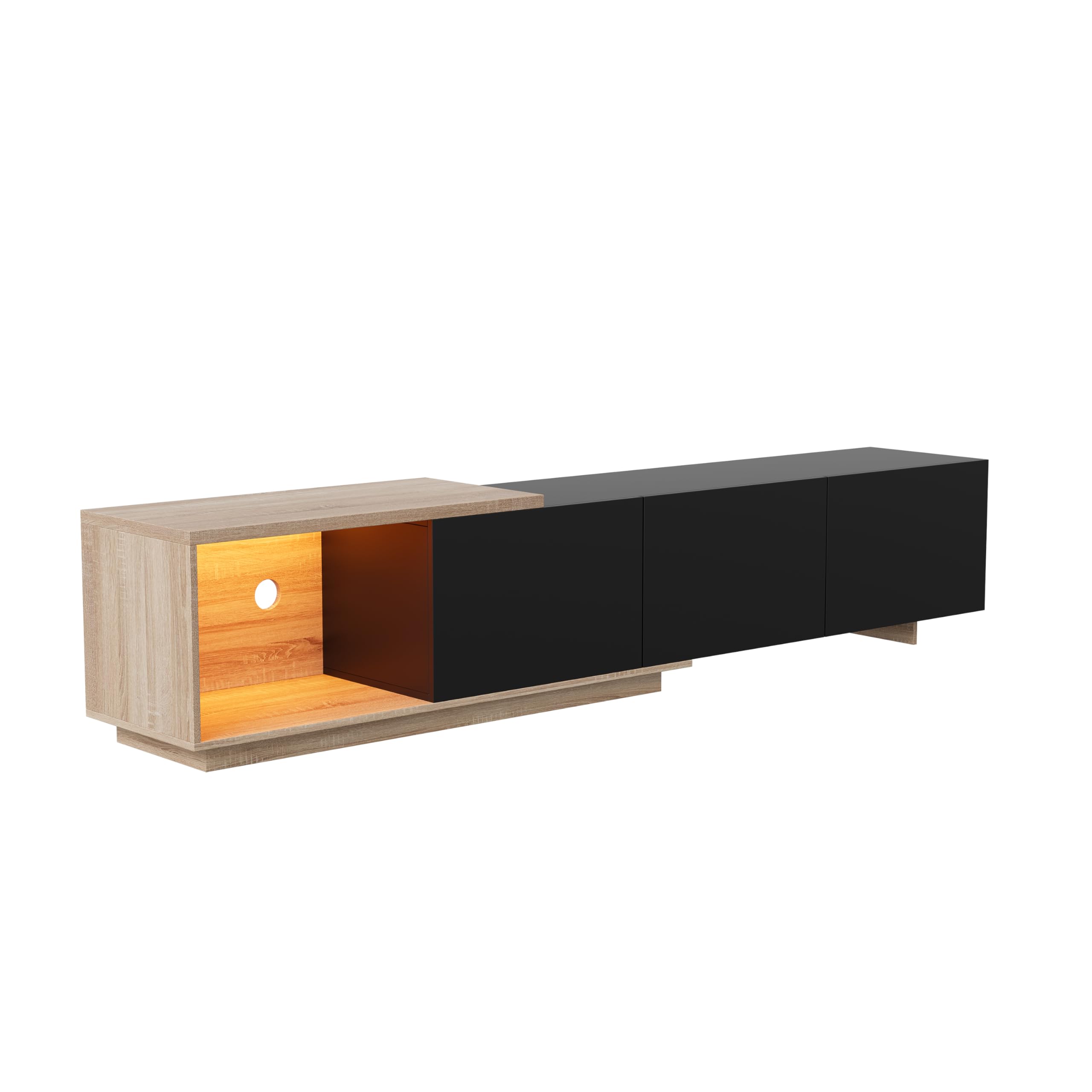 LIVLUX Meuble TV Moderne avec 3 Portes de Rangement et Étagères en Verre Intégrées, Lumières LED Variables, Convient pour Salon ou Chambre (Noir+Ton Bois, 240 x 38 x 44 cm)