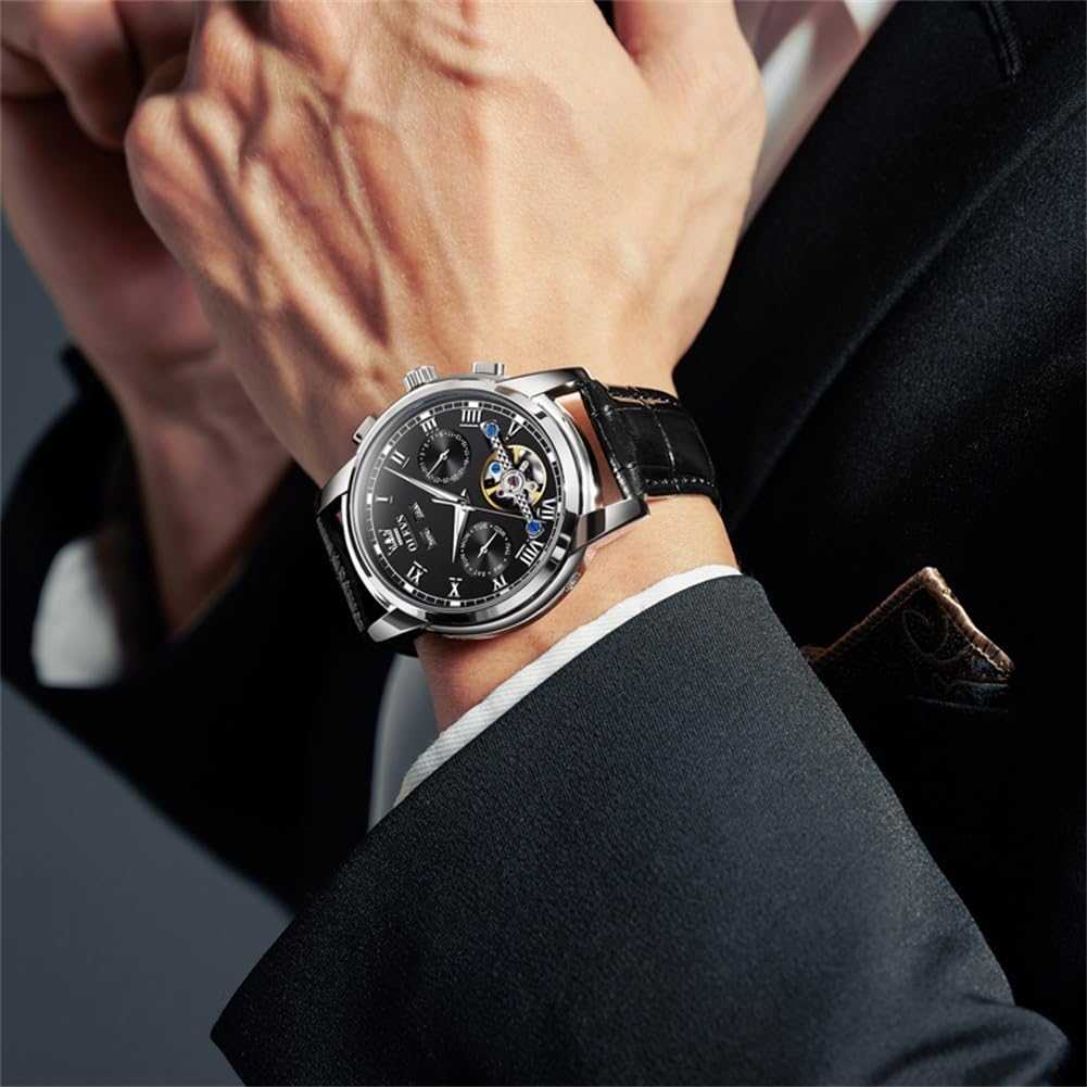 OLEVS Men's Watch Automatic Luxury Dress Tourbillon Chronograph Big Face Calendar Self Winding Wrist Watches for Men Business Moon Phase Mechanical Male Watches Luminous Waterproof