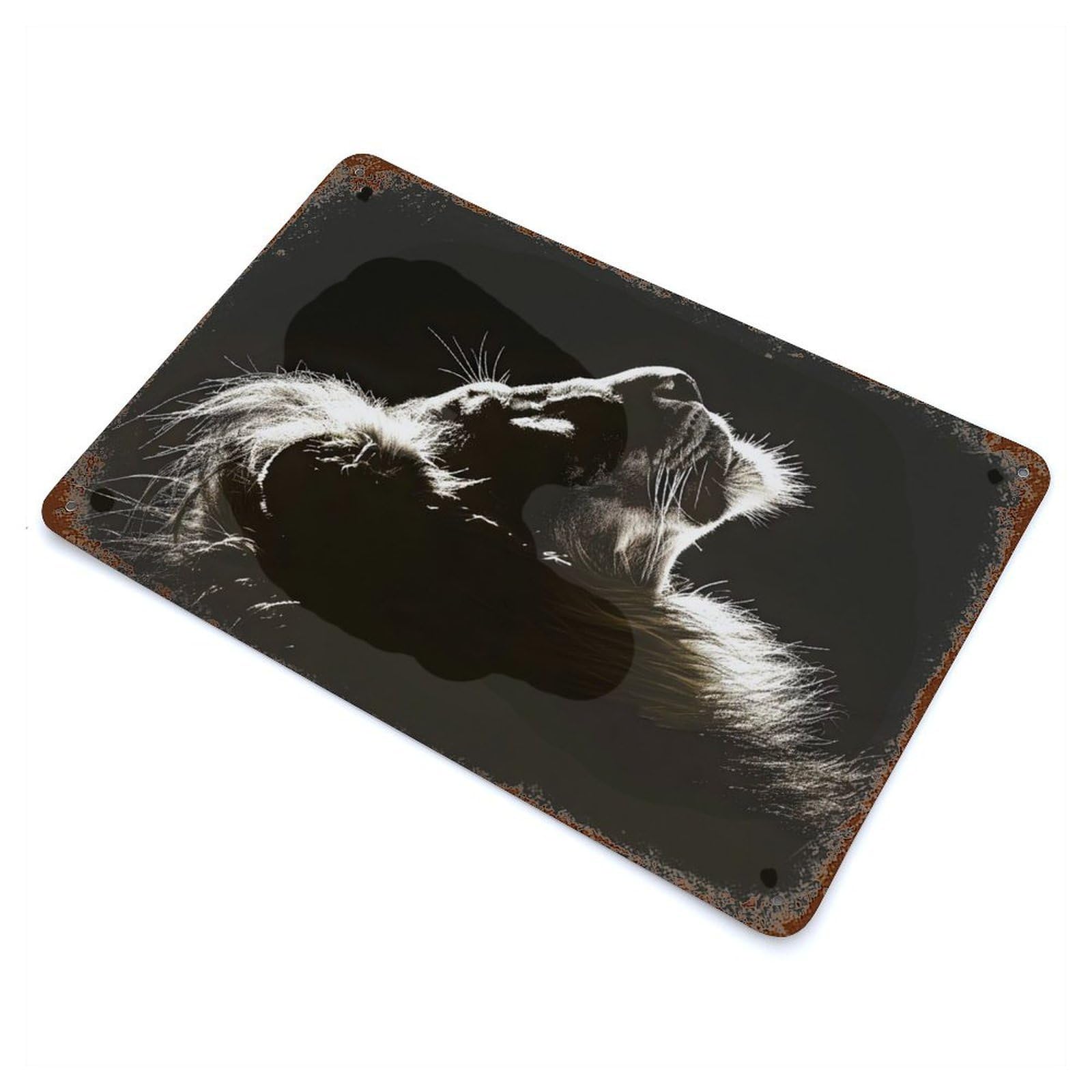 Rust Effect Tin Sign Dark Lion Facing Upwards 11.8"x7.9", Vintage Wall Decor for Living Room, Hallway And Home Decor