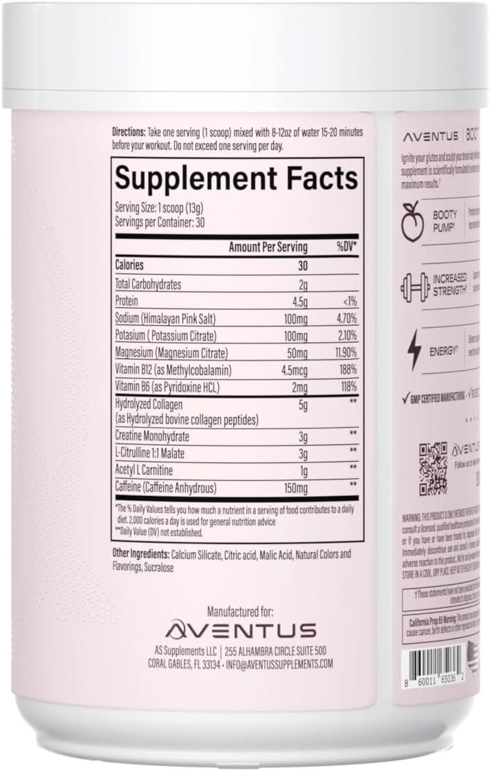 Aventus Booty Pump Pre-Workout Powder | Pump, Strength and Energy with Collagen, Creatine, Caffeine and More, 30 Servings (30 Servings, Watermelon) - Image 2