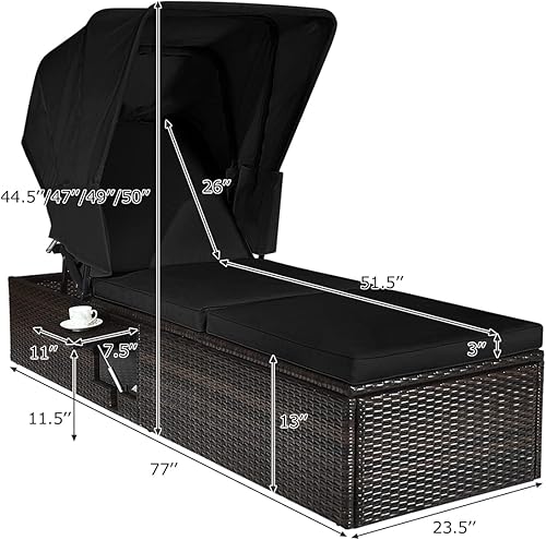 Miniatura 3 de Tangkula Chaise lounge para exteriores con toldo plegable silla reclinable acolchada ajustable con mesa de té abatible tumbona de ratán para playa