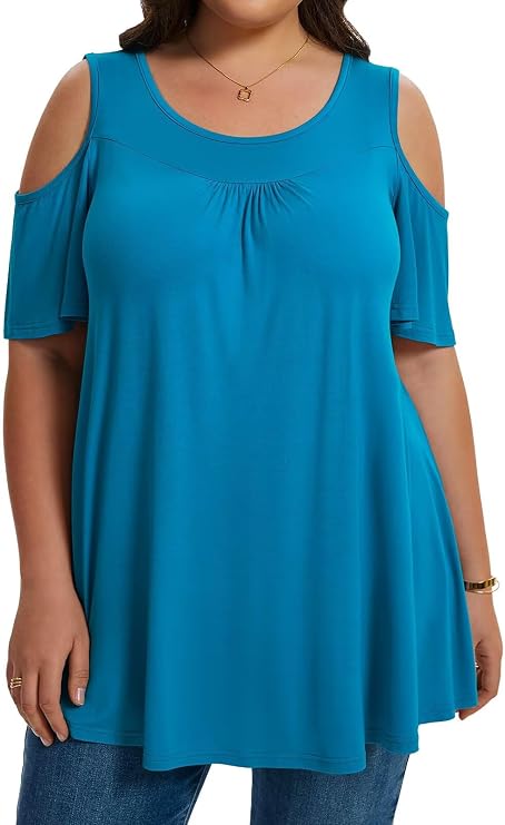 LARACE Plus Size Cold Shoulder Tops for Women Short Sleeve Tunics Shirts Loose Summer Clothes Blouses to Wear with Leggings
