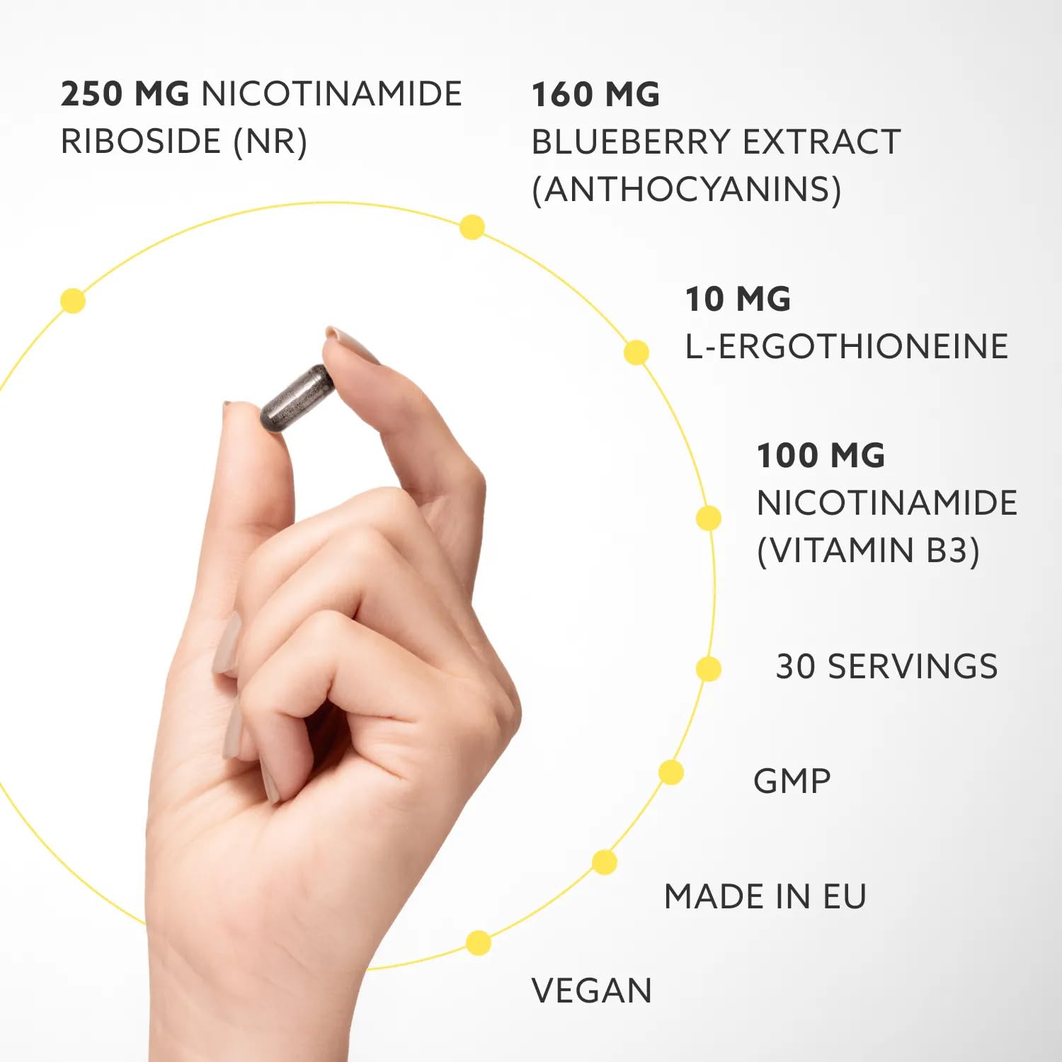 PUROVITALIS NAD+ 520mg, Nicotinamida Ribósido, Ergotioneína, 30 Cápsulas | Energía celular con L-Ergotioneína y antocianinas; reparación del ADN; suministro 1 mes, sin gluten, GMP, vegano