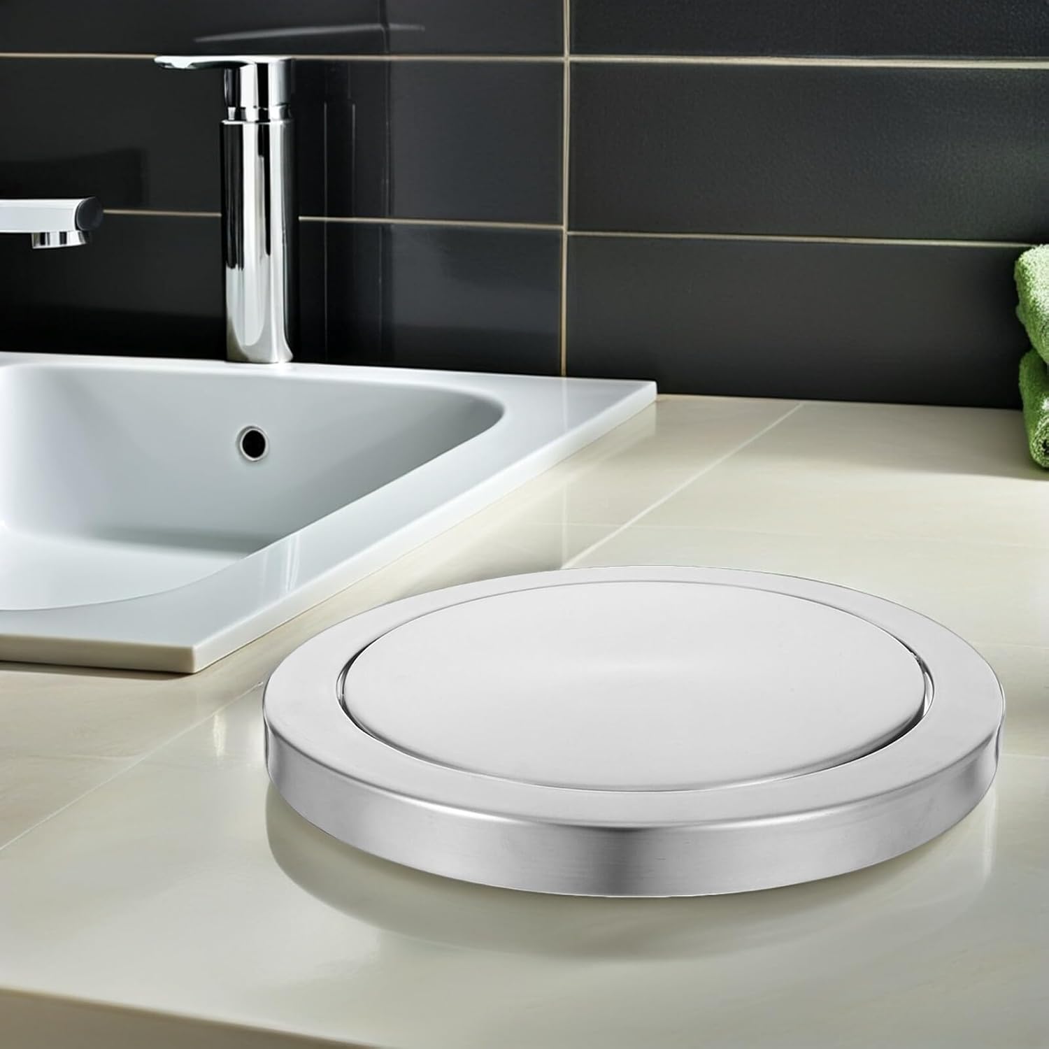 2pcs Stainless Steel Countertop Trash Can Swing Lid Recessed Waste Bin Cover for Kitchen and Bathroom 21.5-24cm Opening Embedded Round Trash Chute