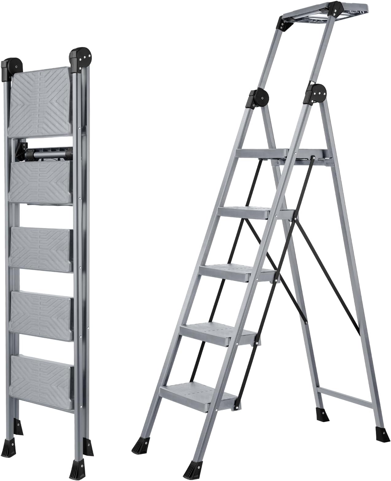 XinSunho 5 Step Ladder, Foldable Step Stool Ladder with Handrails & Tray, 660 lbs Heavy Duty Wide Pedals, Sturdy Steel Folding Ladder for Kitchen, Home, and Household Use (Silver, 5 Step)