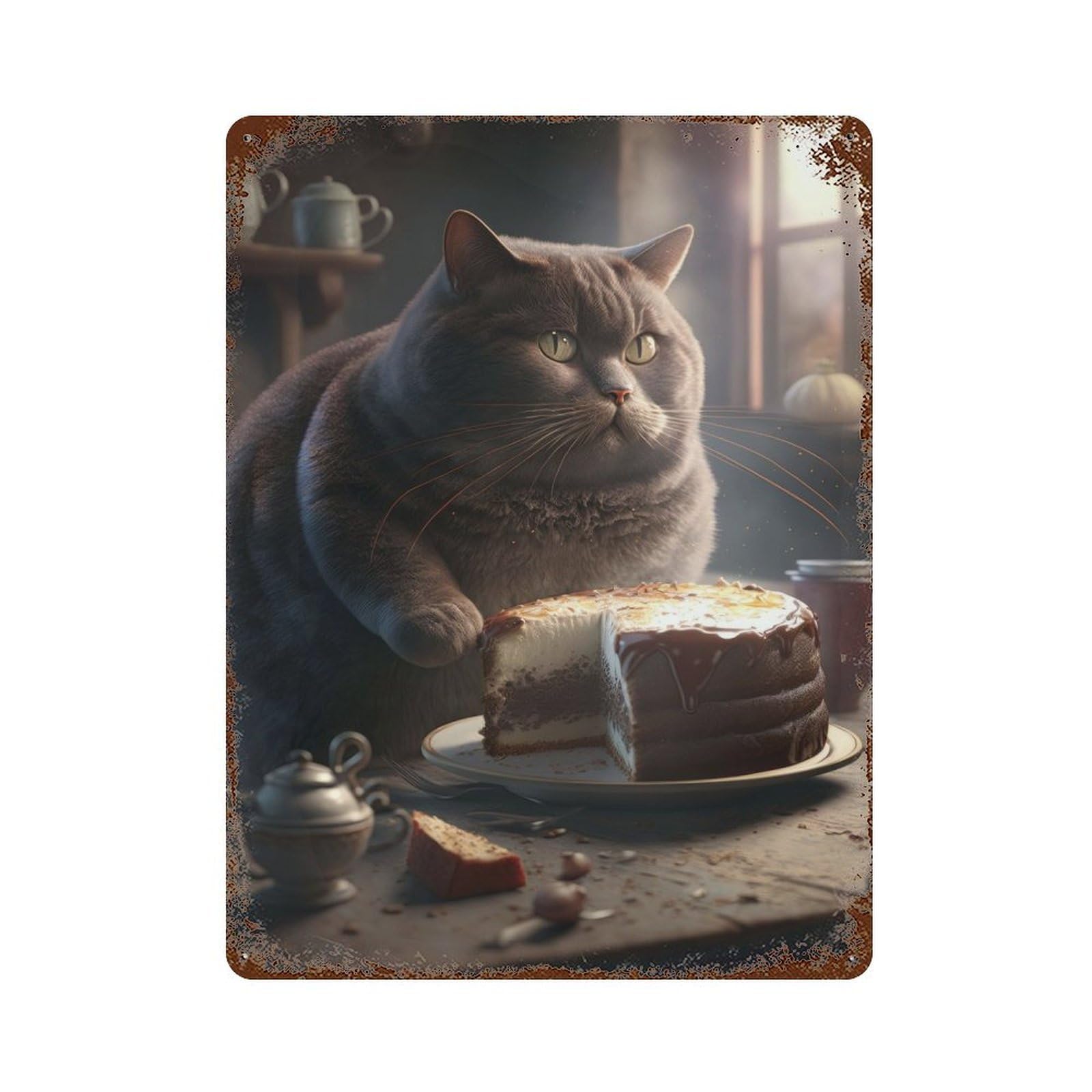 Fantasy Cat Cake Vintage Wall Sign 15.7"x11.8", Rust Effect Metal Decor for Office, Studio And Wall Decor