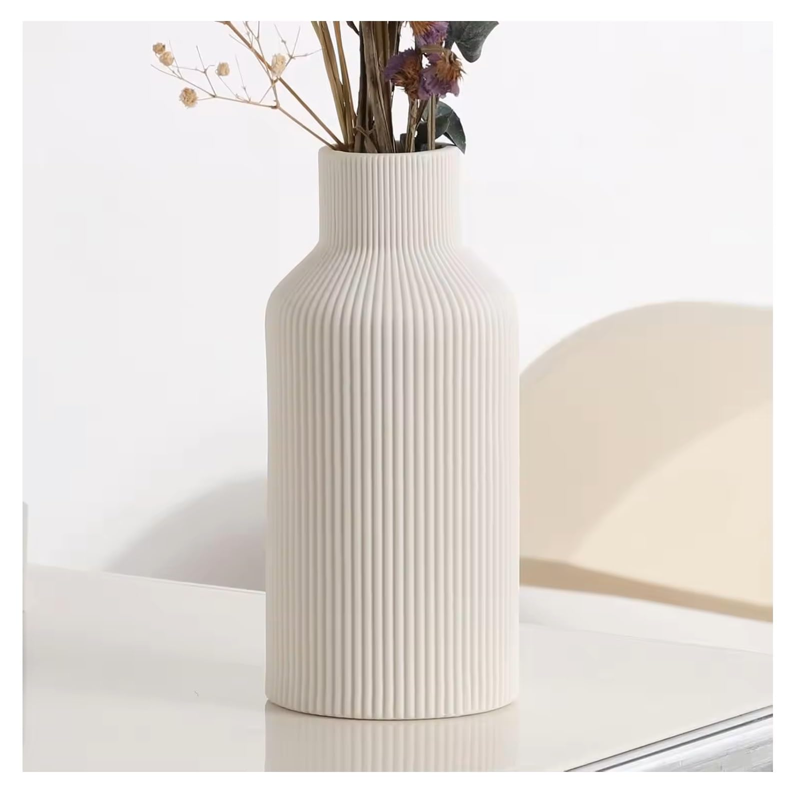 SPHINX Ribbed Pipe Ceramic Vase, Flower Vase, Pampas Grass Vase, Vase for Money Plant Live Plants for Home, Office, or Gifts NO Flowers- (SN-White 8.5 Inch)