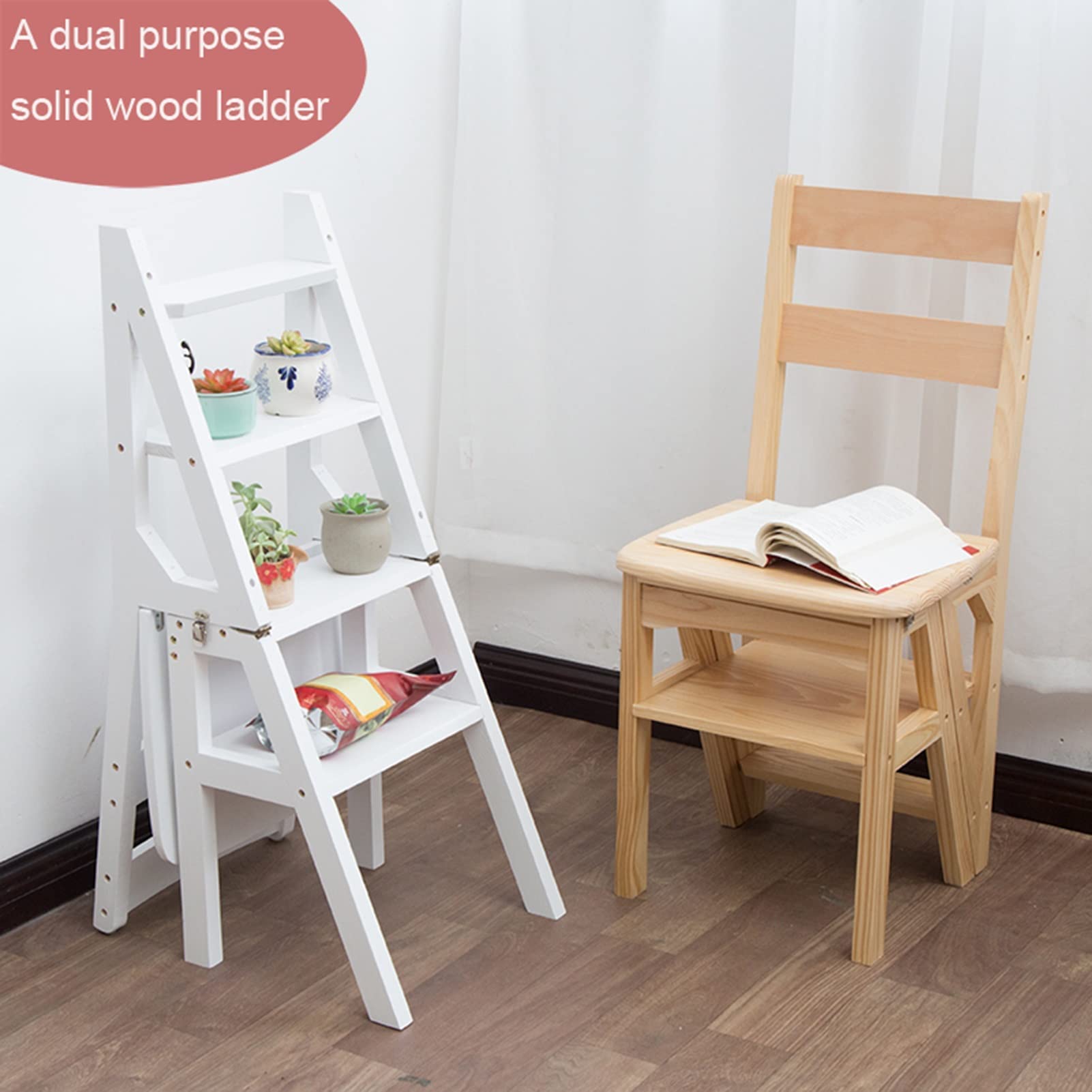 Escalera Plegable Multiusos para Taburete, Silla De Madera Blanca De 4 Escalones para El Hogar, La Cocina, La Biblioteca, Diseño Plegable Que Ahorra Espacio