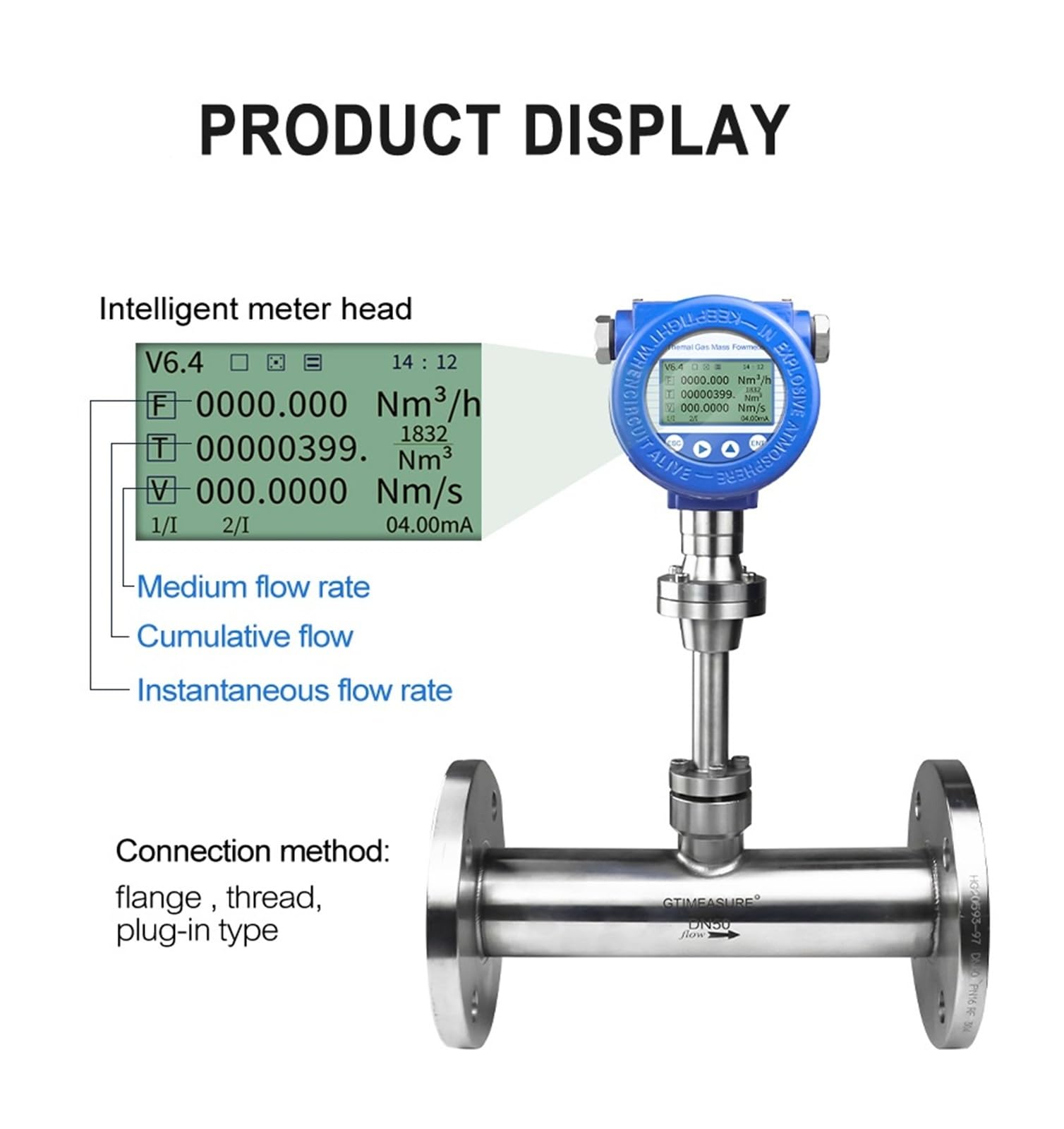 Medidor de flujo másico térmico con pantalla LCD Medidor de flujo de aire comprimido Gas natural Hidrógeno CO2 Garantizar la estabilidad(DN50)