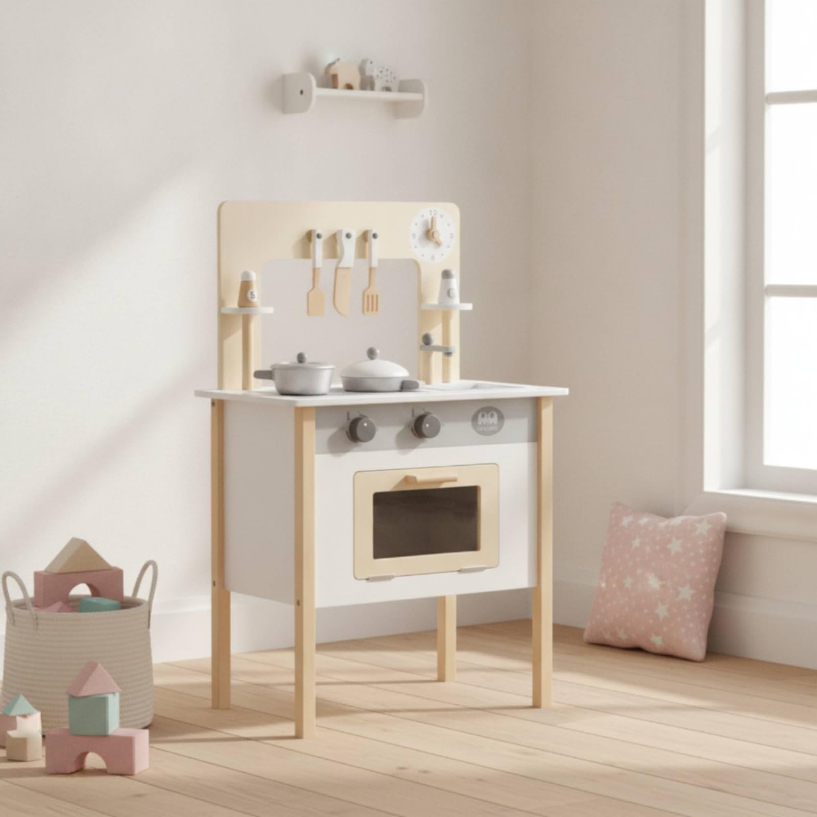 Qianly Cucina Giocattolo con Accessori Realistica Cucina Giocattolo in Legno Naturale per Bambine, Cameretta , Bianco