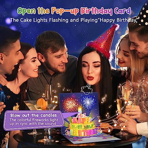 Image of INPHER UPGRADED Blowable Birthday Cards 3D Pop Up Fireworks Cake Light and Music Happy Birthday Card Gifts for Women Men Mom Kids