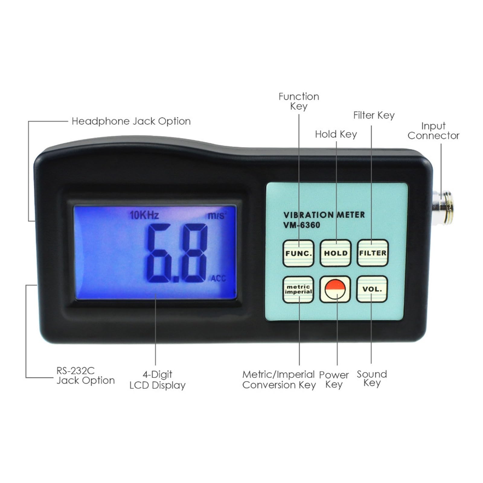 Misuratore di vibrazioni, vibrometro, Misuratore di vibrazioni digitale, vibrometro, analizzatore di prova 10 Hz-10 kHz, misura accelerazione, velocità, spostamento, giri al minuto, frequenza Misurazi