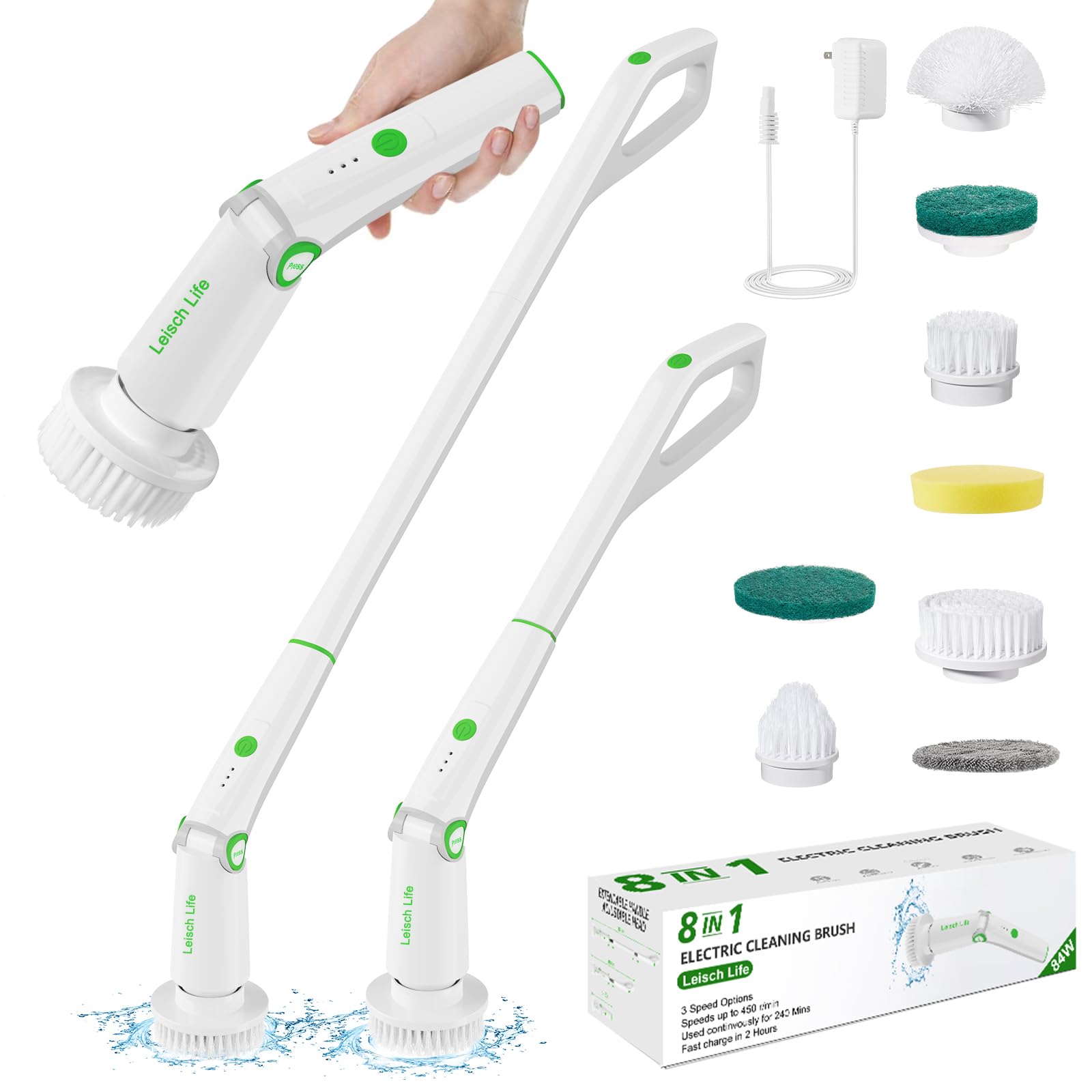 Leisch Life 2023 New Upgrade Cordless Electric Spin Scrubber - Shower Scrubber for Cleaning, Tub Scrubber Coming with 8 Replaceable Brush Heads, 3 Speeds Electric Cleaning Brush with Long Handle