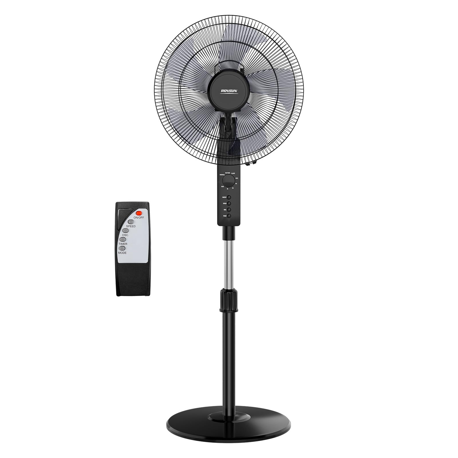 ROVSUN 16" Pedestal Fan with Remote Control - 3 Speed 5 Blades Floor Fan with Wide Angled Oscillation - 115cm-130cm Adjustable Height, 7.5 Timer, for Home Offices Bedroom, Black