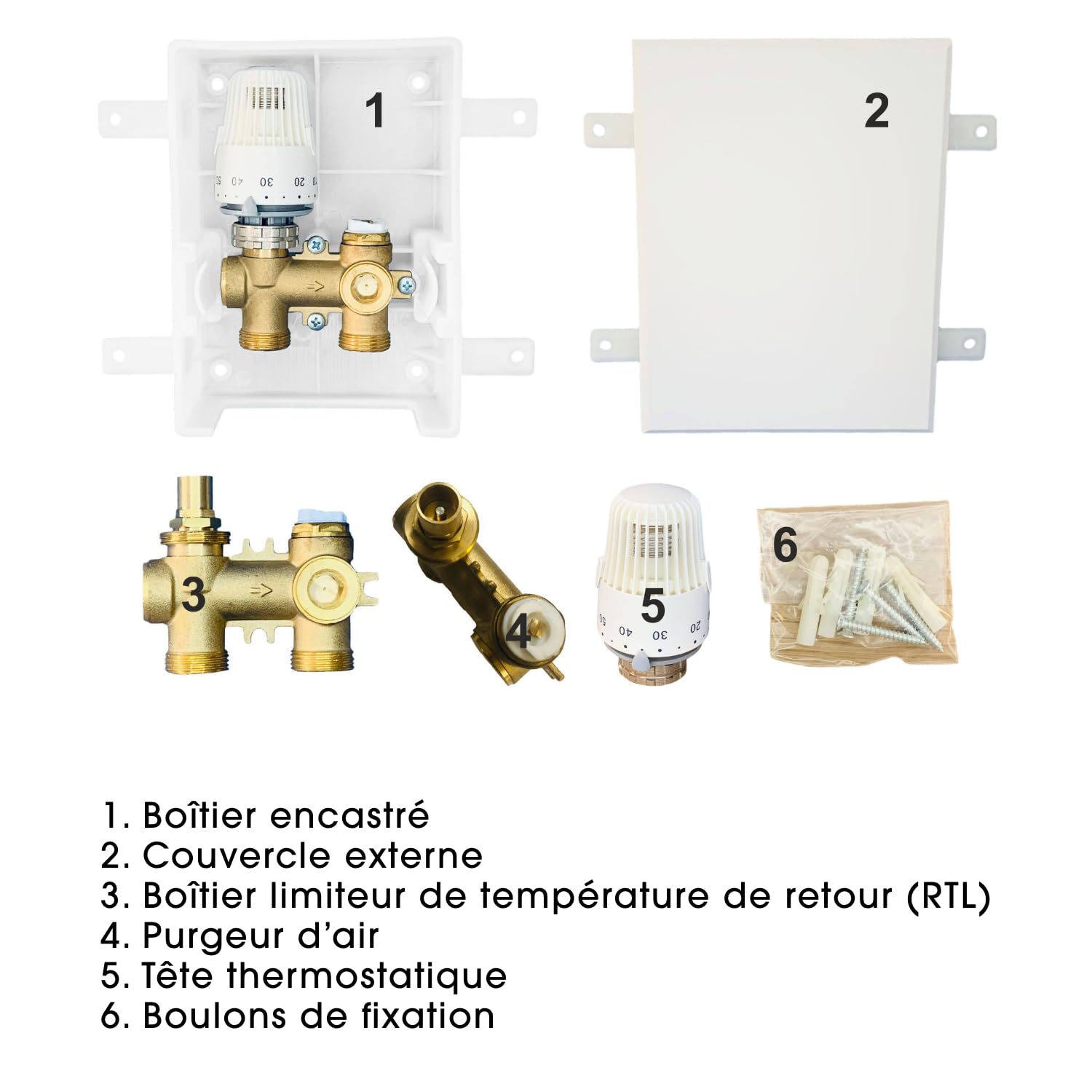 Vanne RTL 3/4" - Système de Chauffage au Sol - Tête Thermostatique Angulaire - en Laiton - H1070 - Blanc
