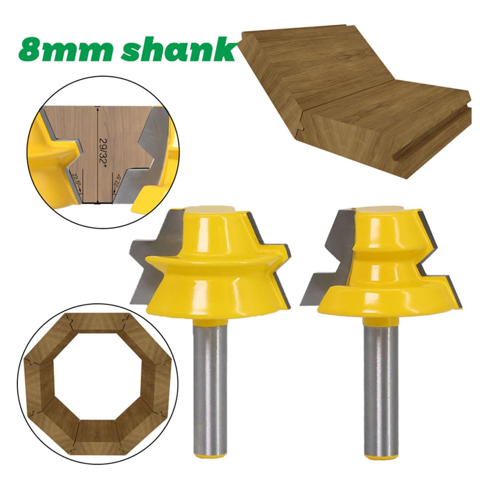 2 sztuk 22.5 stopni klej stolarka zestaw bitów do drewna blokada ukośnica fazowanie frez trzpieniowy frez do drewna wolframu-8mm 12mm 1/2 Shank(8mm shank)