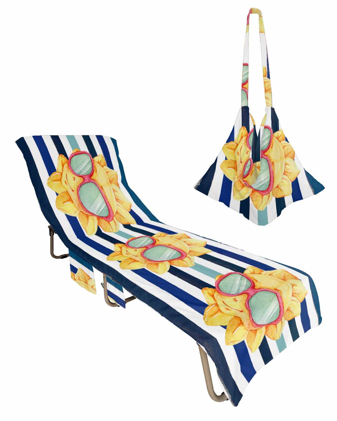 Summer Beach Lounge Chair Towel Cover, Soft Chaise Lounge Towel with Side Pockets Patio Pool Chairs Cover for Beach/Pool Sunbathing 29x85 Blue Teal Striped Watercolor Sun Welcome