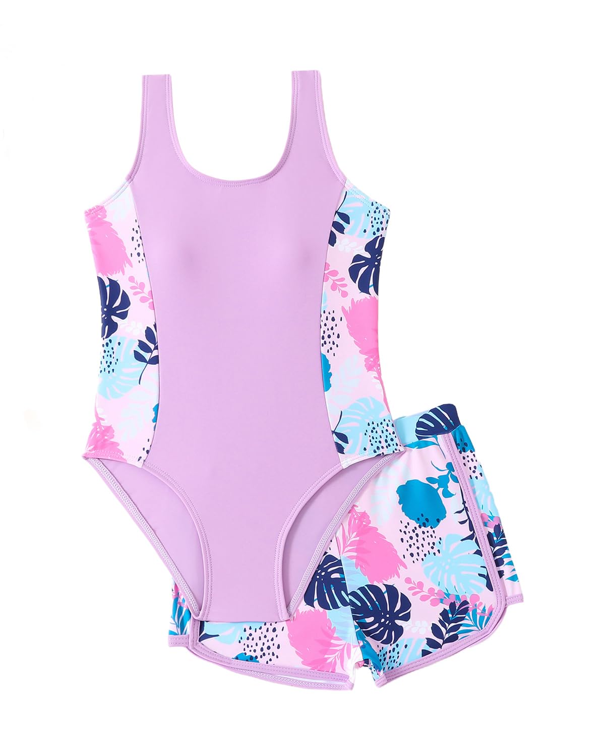 WYTbaby Badeanzug Mädche Einteiler Uv Badebekleidung ärmellose Bademode mit Shorts Tropischer Druck für Mädchen 7-14 Jahre