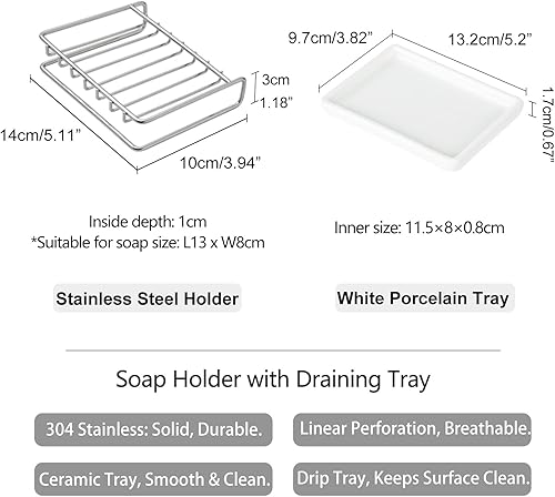 Miniatura 3 de Shimoyama Jabonera de acero inoxidable con bandeja de goteo para fregadero de baño, cocina y ducha, soporte de jabón de secado rápido que mantiene