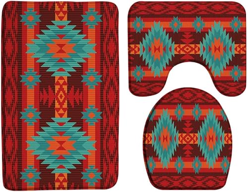 Sunhe Juego de 3 tapetes de baño nativos americanos, azteca, coloridos, del suroeste, navajo, abstracto, retro, tribal, geométrico, bohemio, tapete