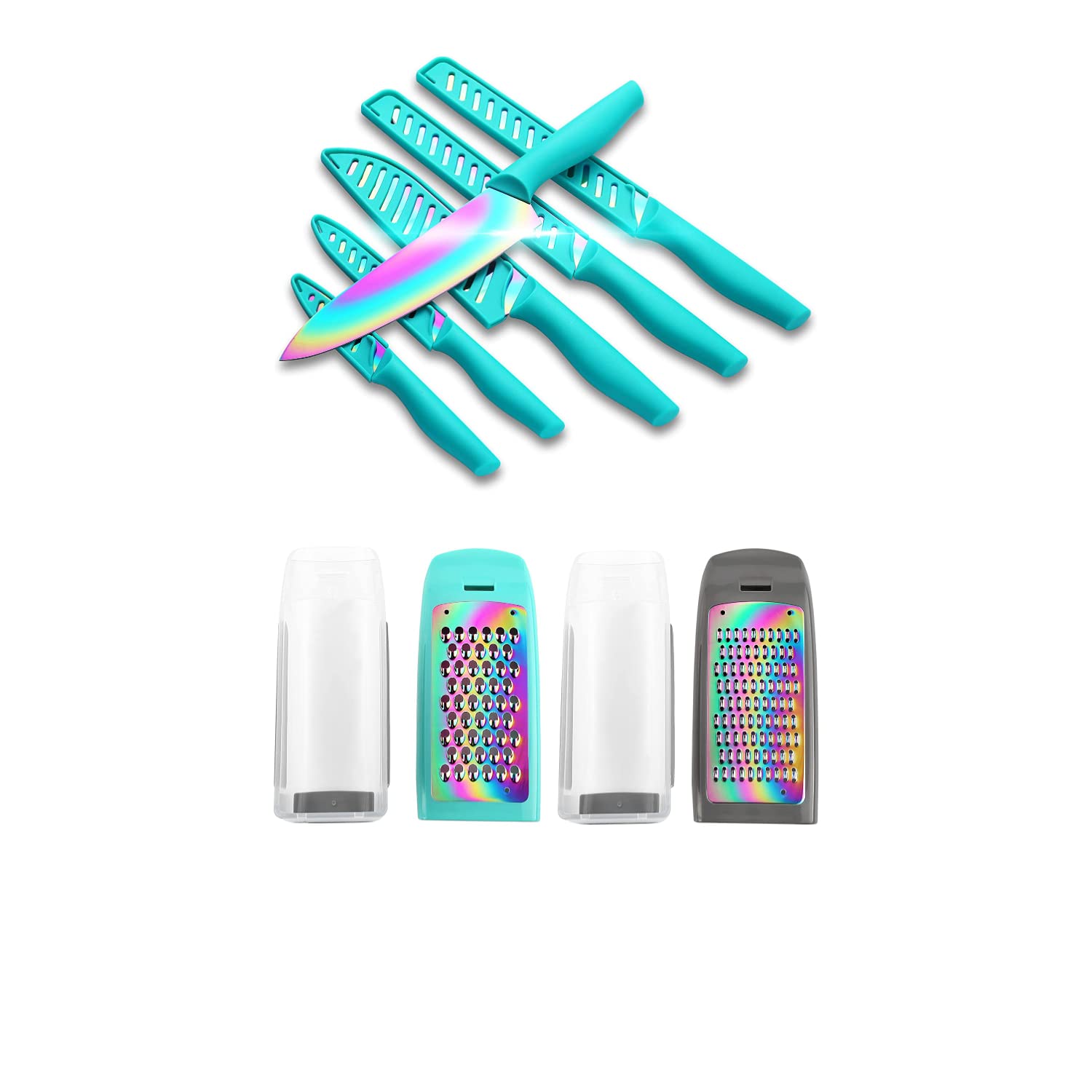 KYA37 Rainbow Titanium 12-Piece Stainless Steel Kitchen Knives Set with Sheath Marco Almond MA63 Graters for Kitchen