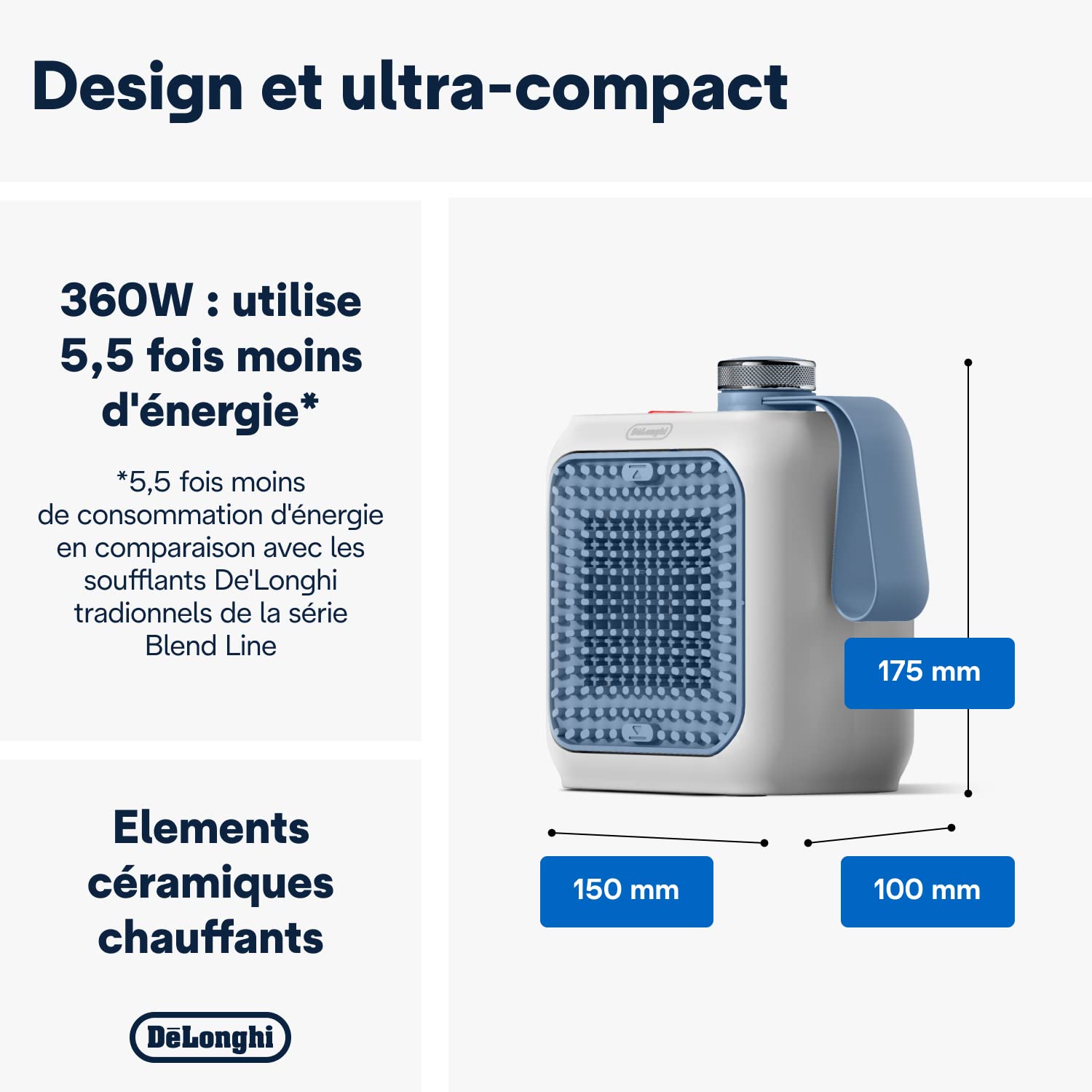 De'Longhi Capsule Desk - Chauffage Céramique Personnel, Mini-Chauffage Électrique Basse Consommation, Chaleur Immédiate, Silencieux, Arrêt Automatique si renversé, 360 W, Bleu Clair (HFX10B03.LB)