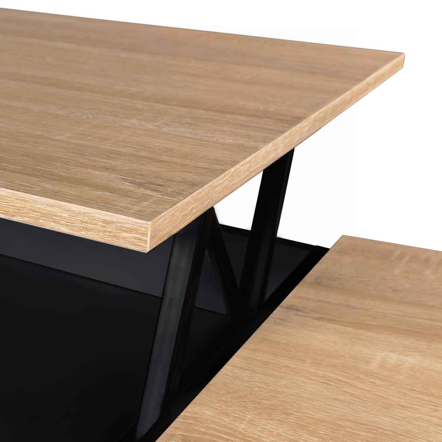IDMarket - Table Basse 2 Plateaux relevables rectangulaire EYLA avec Coffre Bois Noir et façon hêtre