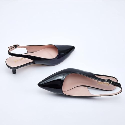 Vista 6 de GENSHUO Tacones bajos de gatito para mujer, zapatos elegantes con punta cerrada y puntiaguda, correa en el tobillo, zapatos formales cómodos