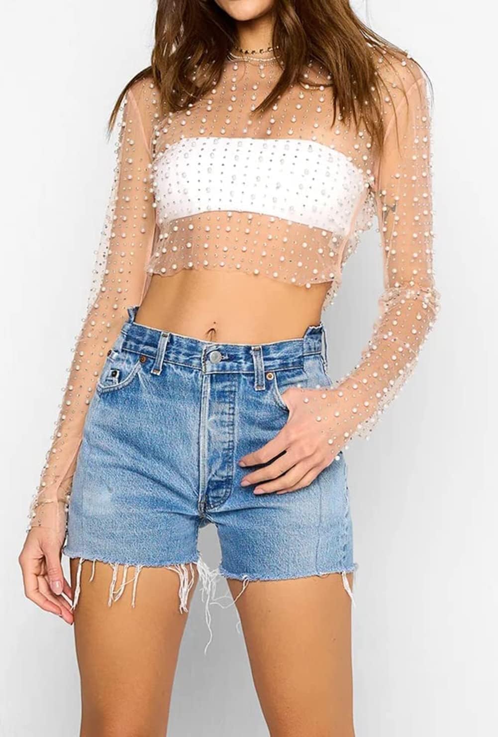 Women's Pearl Rhinestone See Through Long Sleeve Mesh Blouse One Piece Cover Up Crop Tops - Image 5