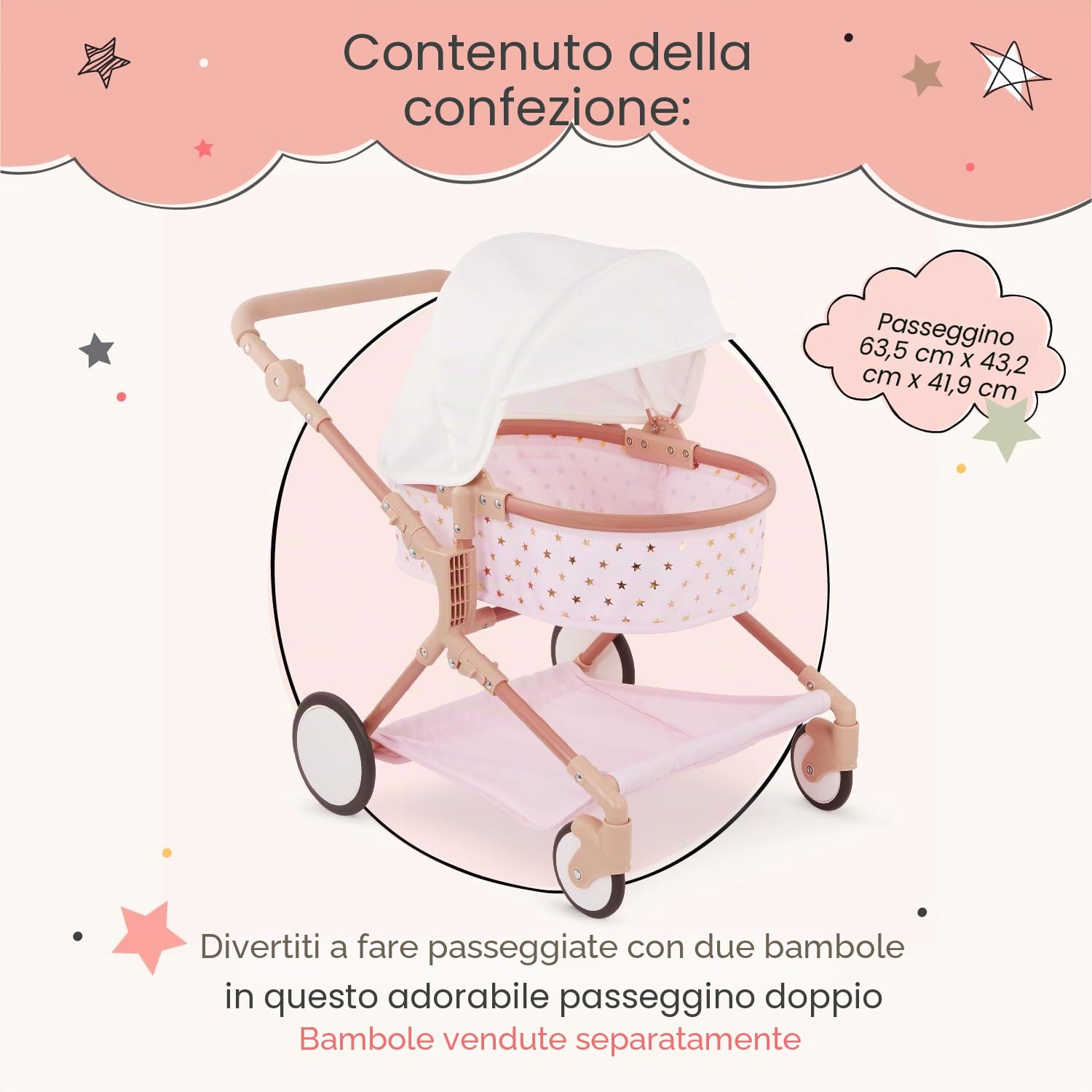 LullaBaby passeggino per bambole doppio rosa con stelle dorate | Per bambole da 36 cm, con tettuccio pieghevole, ruote anteriori girevoli, cestino rimovibile e chiusura compatta, 2+ anni