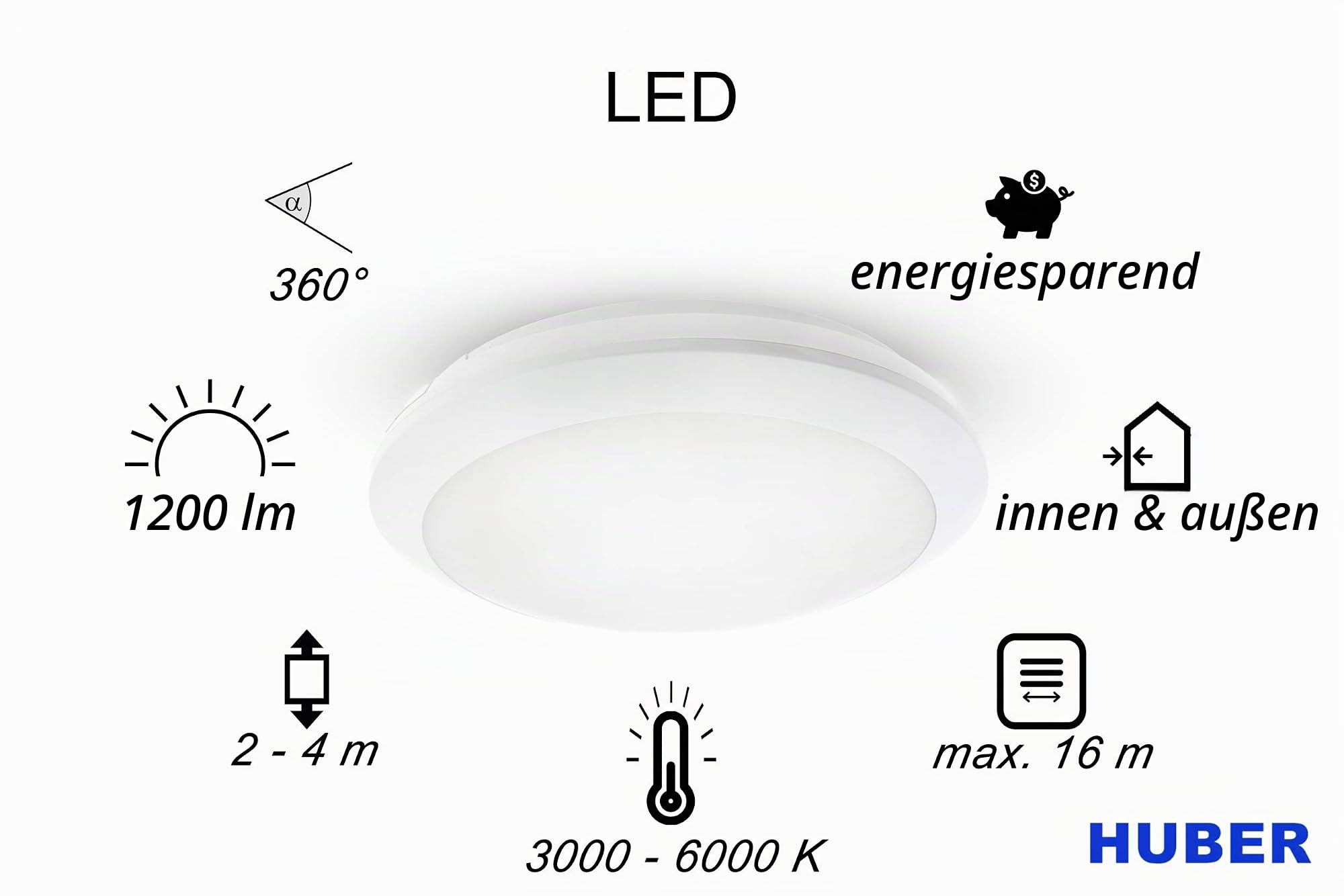 HUBER HML 100 HFTC LED Deckenleuchte mit Bewegungsmelder 1850lm 14W | Lichtfarbe einstellbar, 360° Erfassungsbereich, Für innen und außen, IP65, HF-Sensor