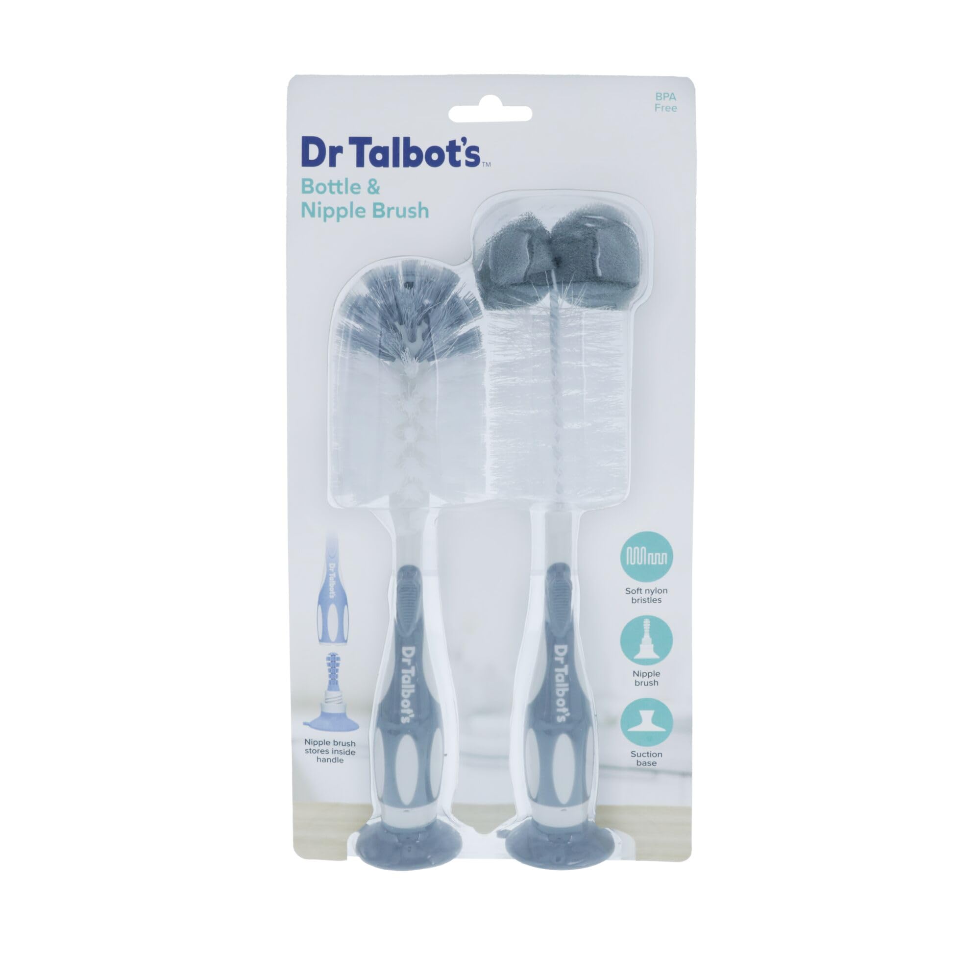 Dr. Talbot'sBottle and Brush, Soft Nylon Bristles, Sponge Top, Handle with Suction Base, 2 pack, Gray