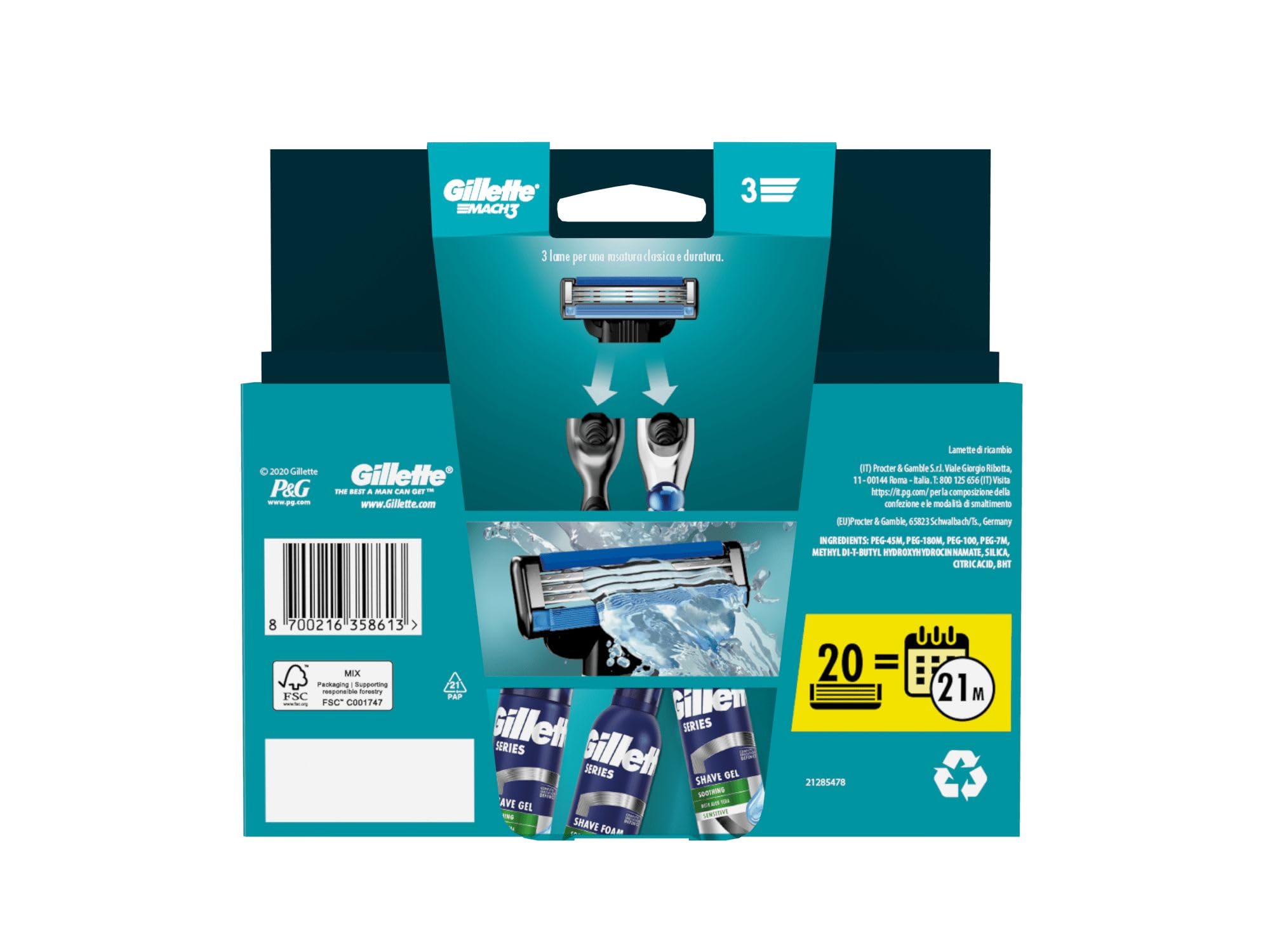 Gillette Mach3 Lamette di Ricambio per Rasoio da Uomo, Rasoi a 3 Lame per una Rasatura Profonda, 20 Lamette di Ricambio Gillette Mach 3 Con Striscia lubrificante