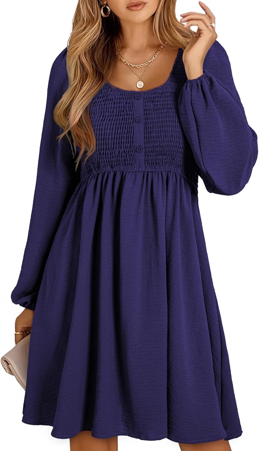 BLENCOT Womens Casual Dresses 2025 Long Sleeve Smocked Button Down Empire Waist A-Line Swing Mini Dress - Image 2