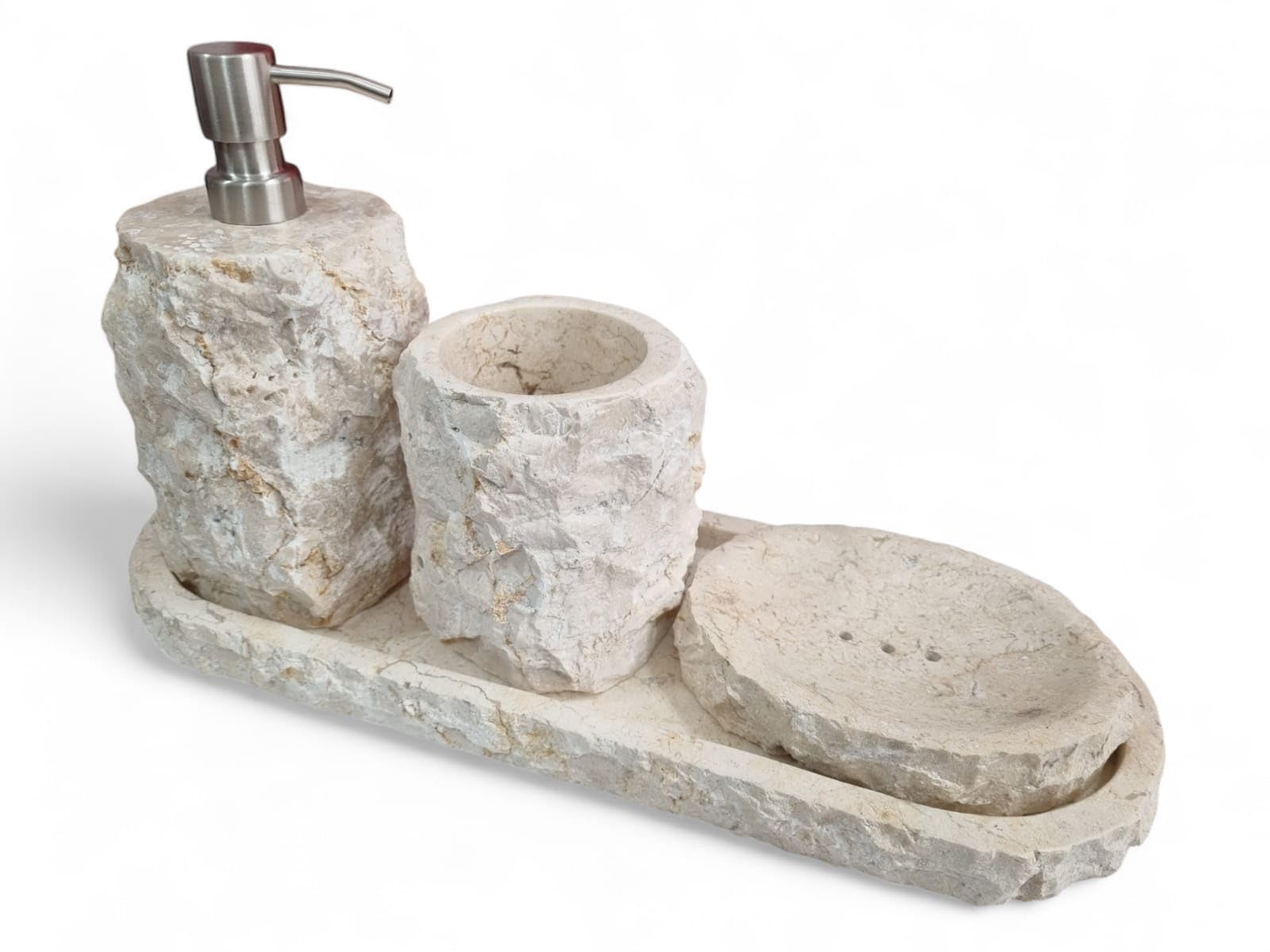 Juego de baño de mármol: vaso para cepillos de dientes, dispensador de jabón, jabonera, bandeja para su oasis de bienestar en piedra natural beige