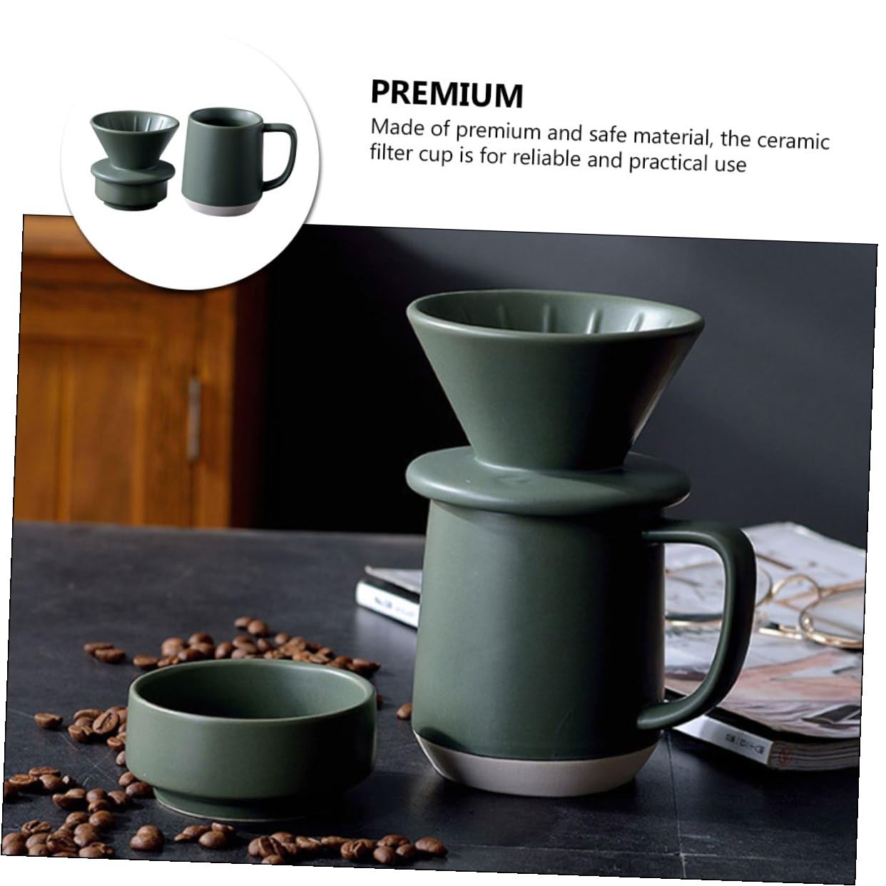 COLLBATH Keramik Kaffeefilterbecher für Handgebrühten Kaffee mit Feiner Filterfunktion und Praktischem Gebrauch im Homeoffice in Grünem Design