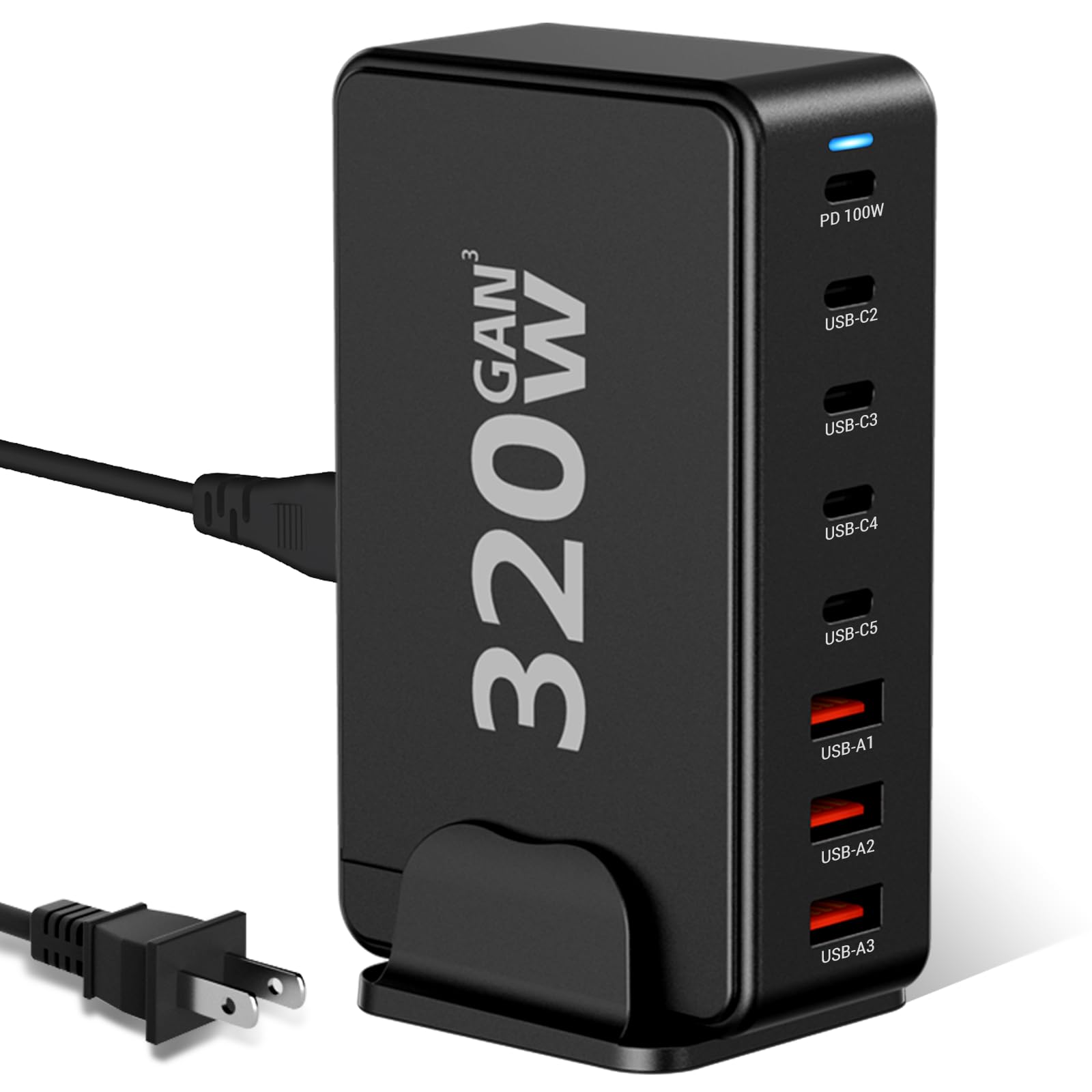 USB C Charger Block, 320W 8 Port GaN Fast Charging Station Hub 100W PD Laptop Charger with 5ft Cord for MacBook Pro/Air, Dell XPS, iPhone 15/14, Galaxy S23, iPad Pro/Air