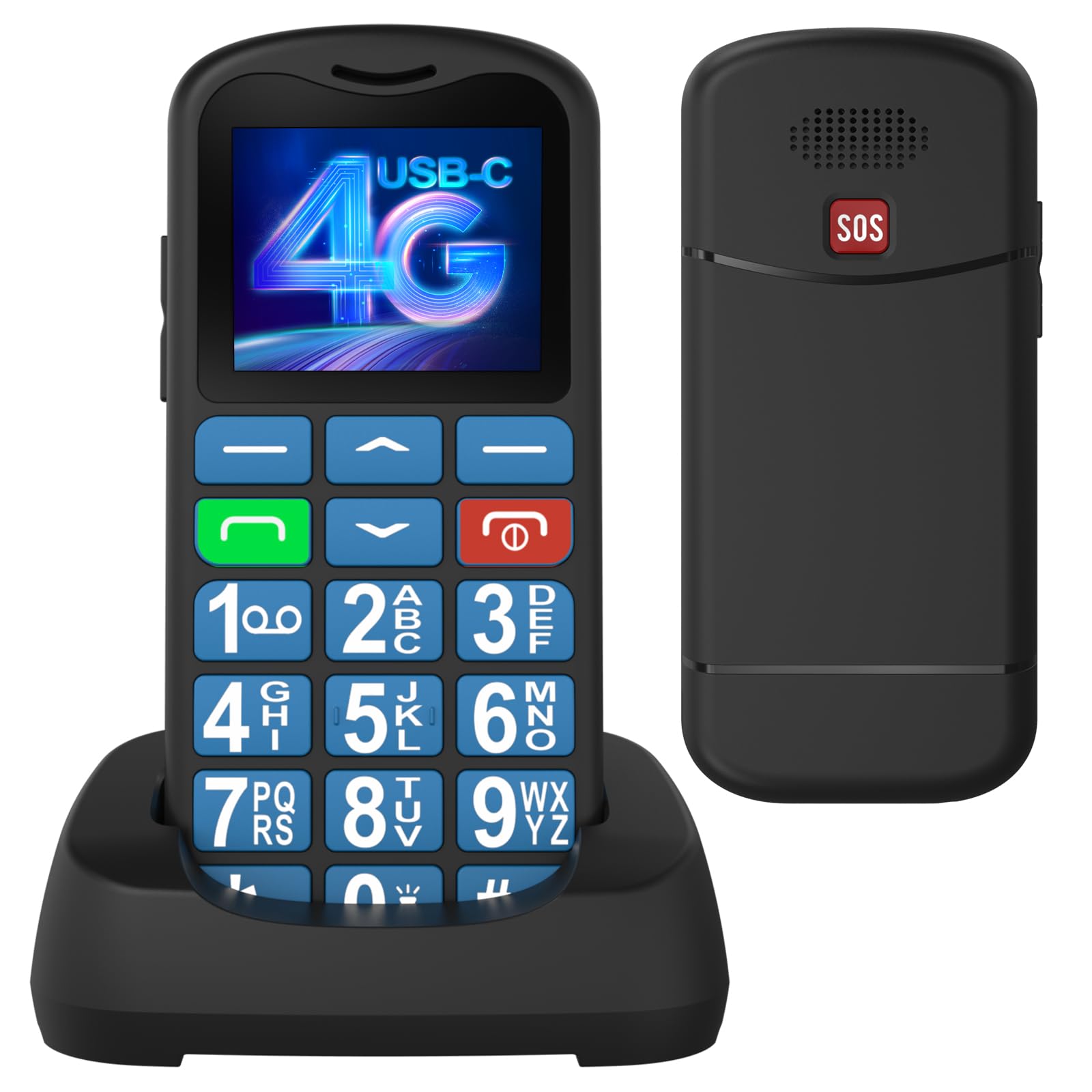 4G Teléfono Móvil Senior Desbloqueado con Grandes Teclas, Volumen Alto Batería 1000 mAh Botón SOS Estación de Carga Despertador USB C Radio FM, 4G Teléfono Móvil para Personas Mayores, Azul
