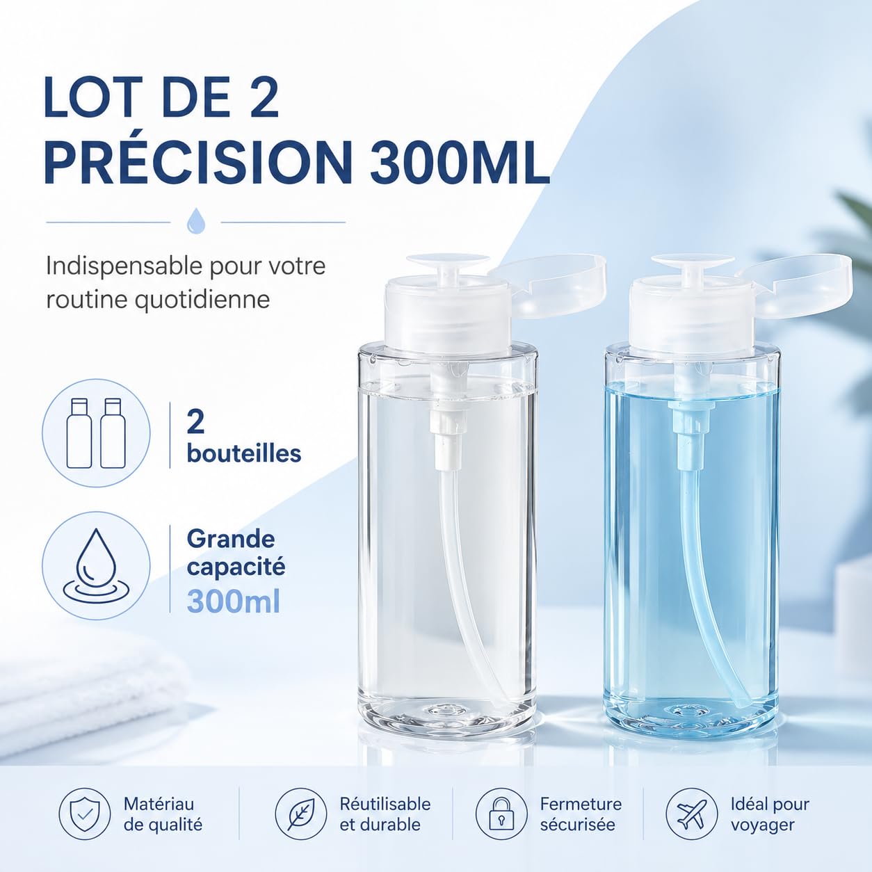 Operitacx 2 Dispensadores con Bomba 300 ml, Botellas Vacías Transparentes para Quitaesmalte, Desmaquillante, Alcohol, Loción y Cosméticos, Envases Recargables para Algodón y Manicura