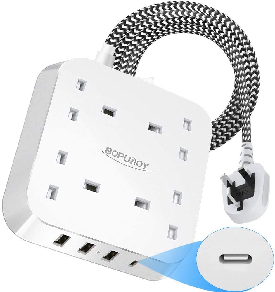 BOPUROY Extension Lead with USB Slots, 4 Way Outlets Power Strips with 4 USB (1 USB-C and 3 USB-A Port) Surge Protection Plug Extension Socket with 1.8 Meter Braided Extension cord for Home T-Shape