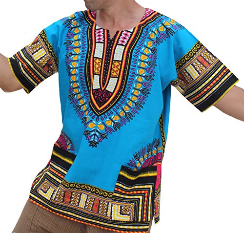 RaanPahMuang Unisex African Bright Dashiki Cotton Shirt Variety Colors, 3X-Large, Azure Blue