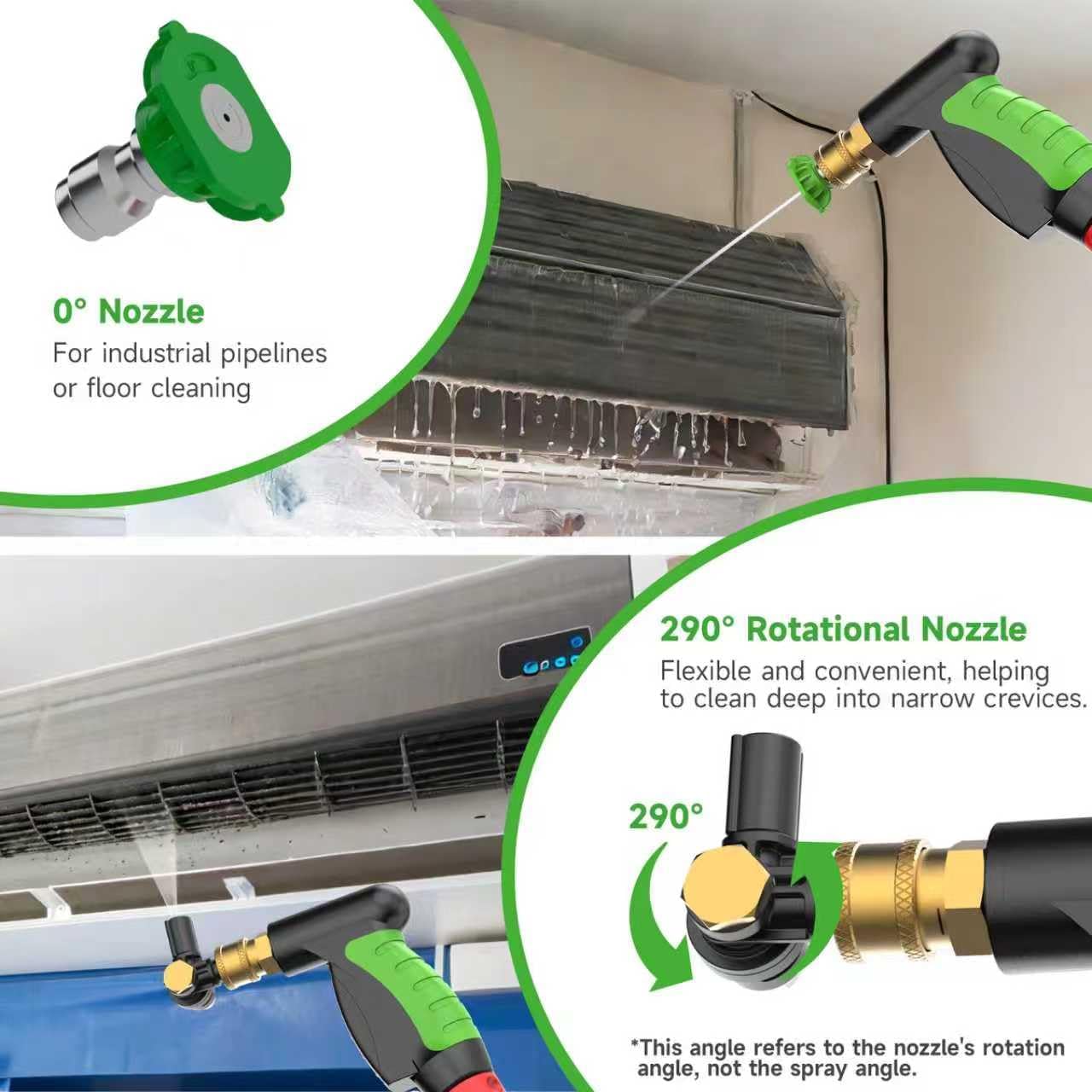 Close-up of the 0° nozzle for industrial pipelines or floor cleaning and the 290° rotational nozzle for flexible cleaning in narrow crevices.
