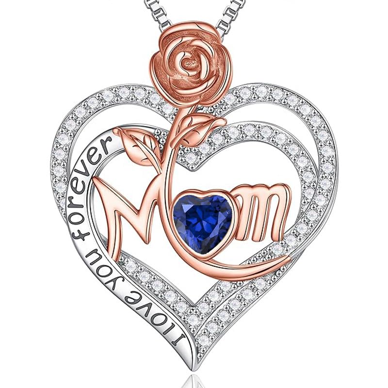 Rose Birthstone Gifts for Mom, S925 Sterling Silver Rose Heart Pendant Birthstone Necklace Mothers Day Valentines Day Christmas Birthday Jewelry Gifts for Mom