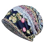 Parkside wind Womens Soft Cotton Boho Ethnic Flower Print Stripe Slouch Beanie Infinity Scarf (Blue)