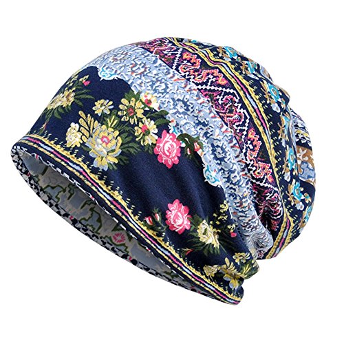 Womens Soft Cotton Boho Ethnic Flower Print Stripe Slouch Beanie Infinity Scarf