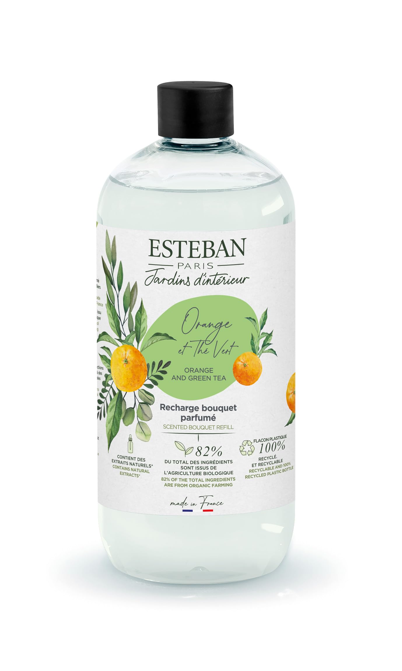 Esteban - Raumduft Nachfüller 500 ml - Raumduft Nachfüllflasche - Duftstäbchen Nachfüller für Duftbouquet, 2-6 Monate, Pflanzlicher Alkohol, Recycelte Flasche - Orange & Grüner Tee