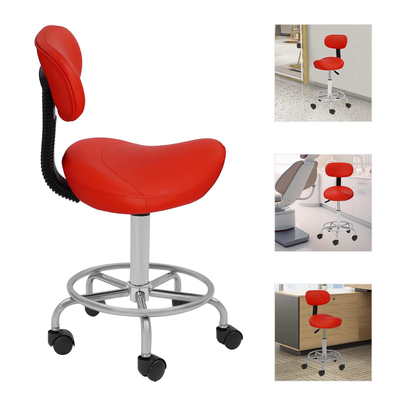 Sgabello da sella ergonomico, con ruote, schienale regolabile in altezza, girevole a 360°, portata massima: 150 kg (rosso)