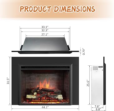 PuraFlame Western 33 Electric Fireplace Insert with Trim Kit, Fire Crackling Sound, Resin Log, Remote Control, 750/1500W Heater, Black