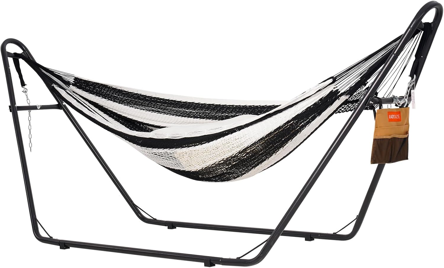 Lazy Daze Hammocks Handwoven Mayan Hammock with Heavy Duty Steel Stand, 10.5 FT Soft Rope Double Hammock for Patio Outside, 550 lbs Weight Capacity, Black/White